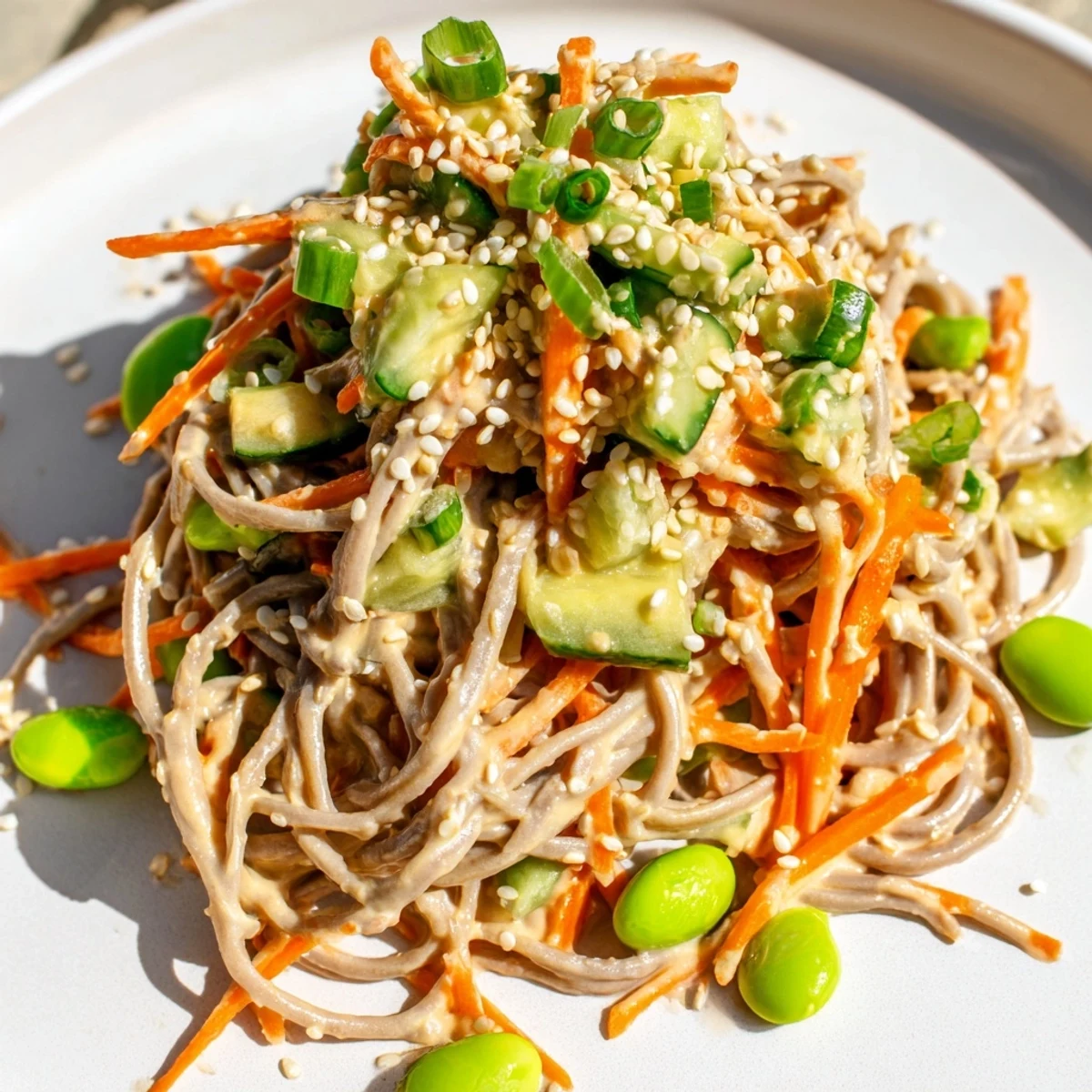 Vibrant Asian Sesame Noodle Salad, showing noodles and fresh veggies tossed in creamy sesame dressing.