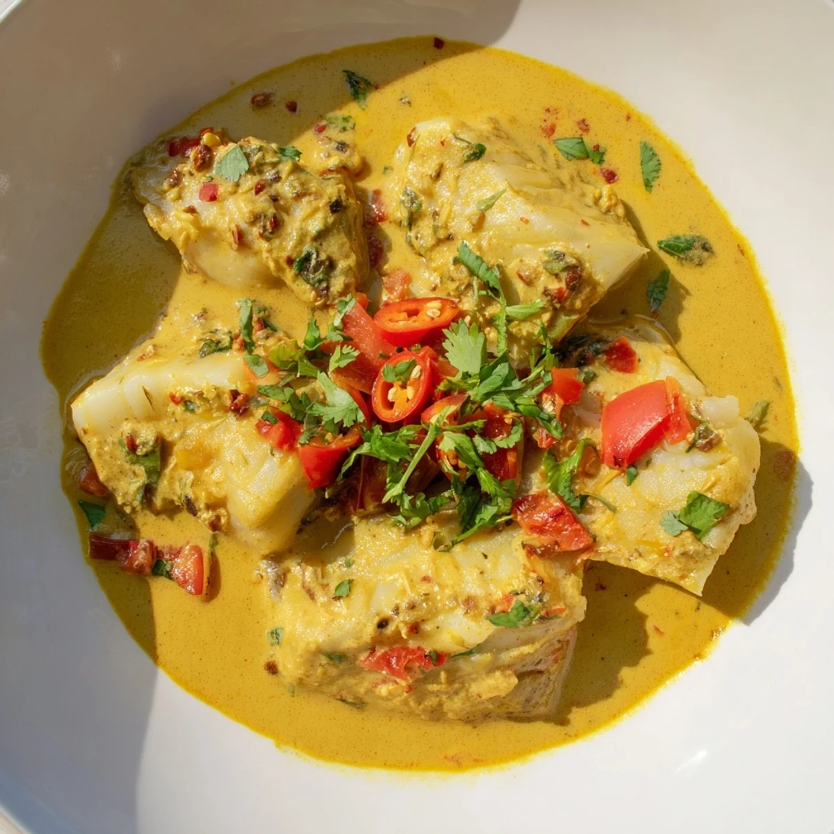 Fragrant Bahraini Fish Curry, featuring tender fish in a creamy, spiced coconut sauce, ready to serve.