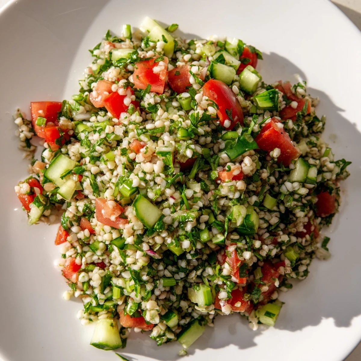 Un plat de salade de taboulé libanais frais, brillant de persil et de tomates coupées.