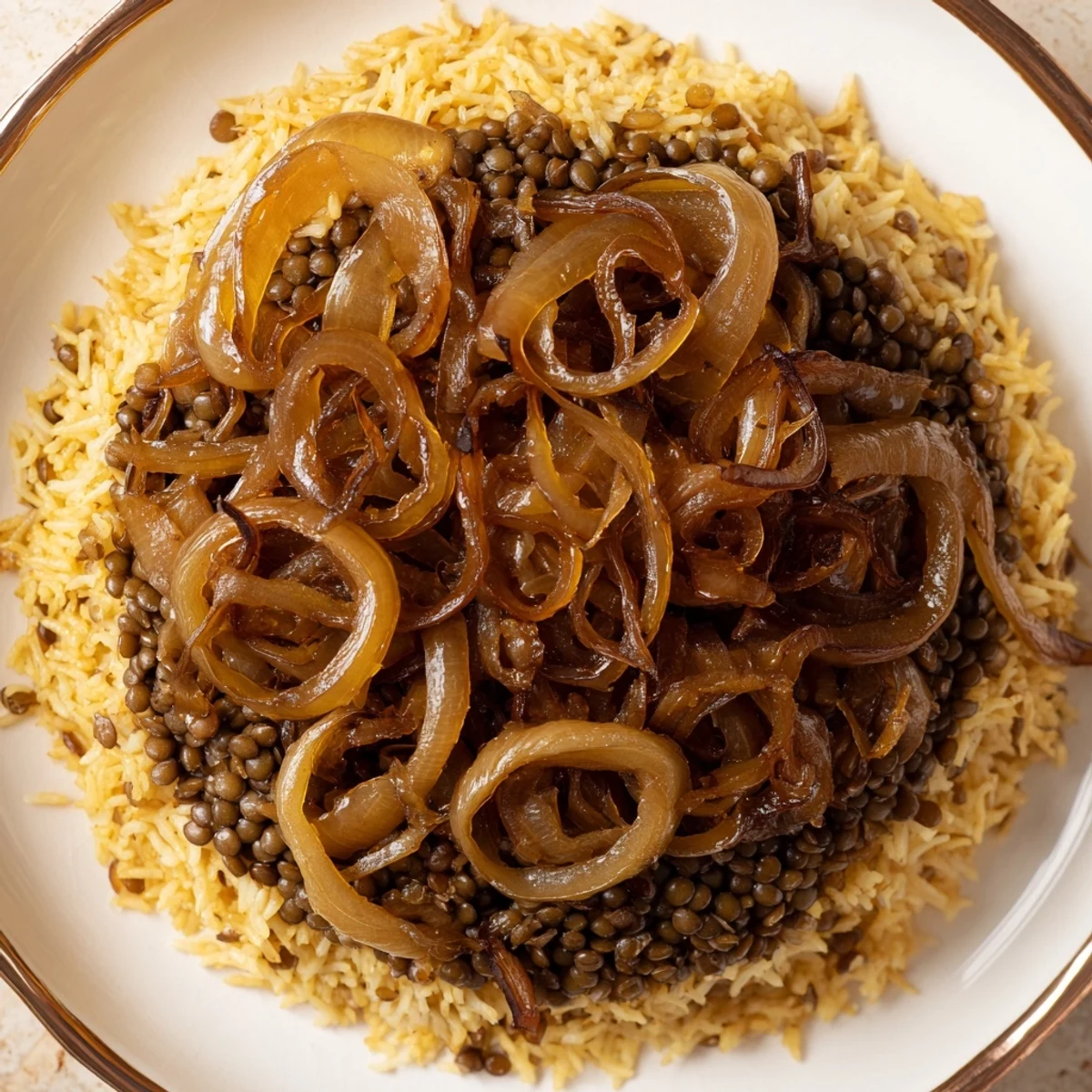 Golden caramelized onions crown a steaming bowl of Lebanese Mjadra, a hearty lentil and rice dish.