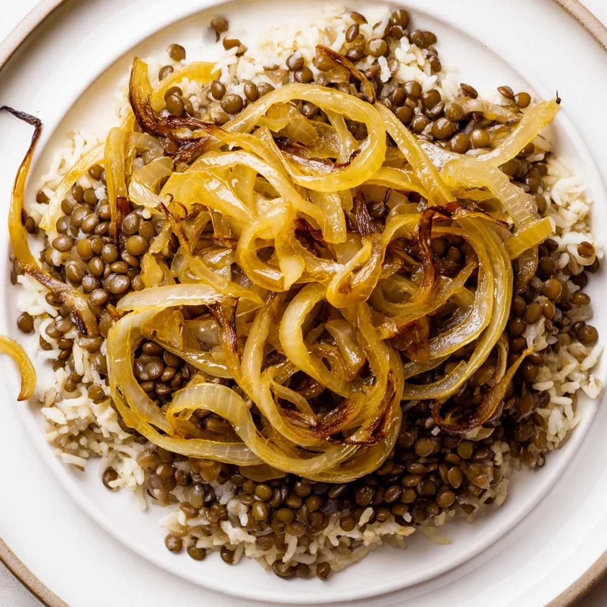 Enjoy a close-up of fluffy Lebanese Mjadra, fragrant with warm spices and topped with sweet caramelized onions.