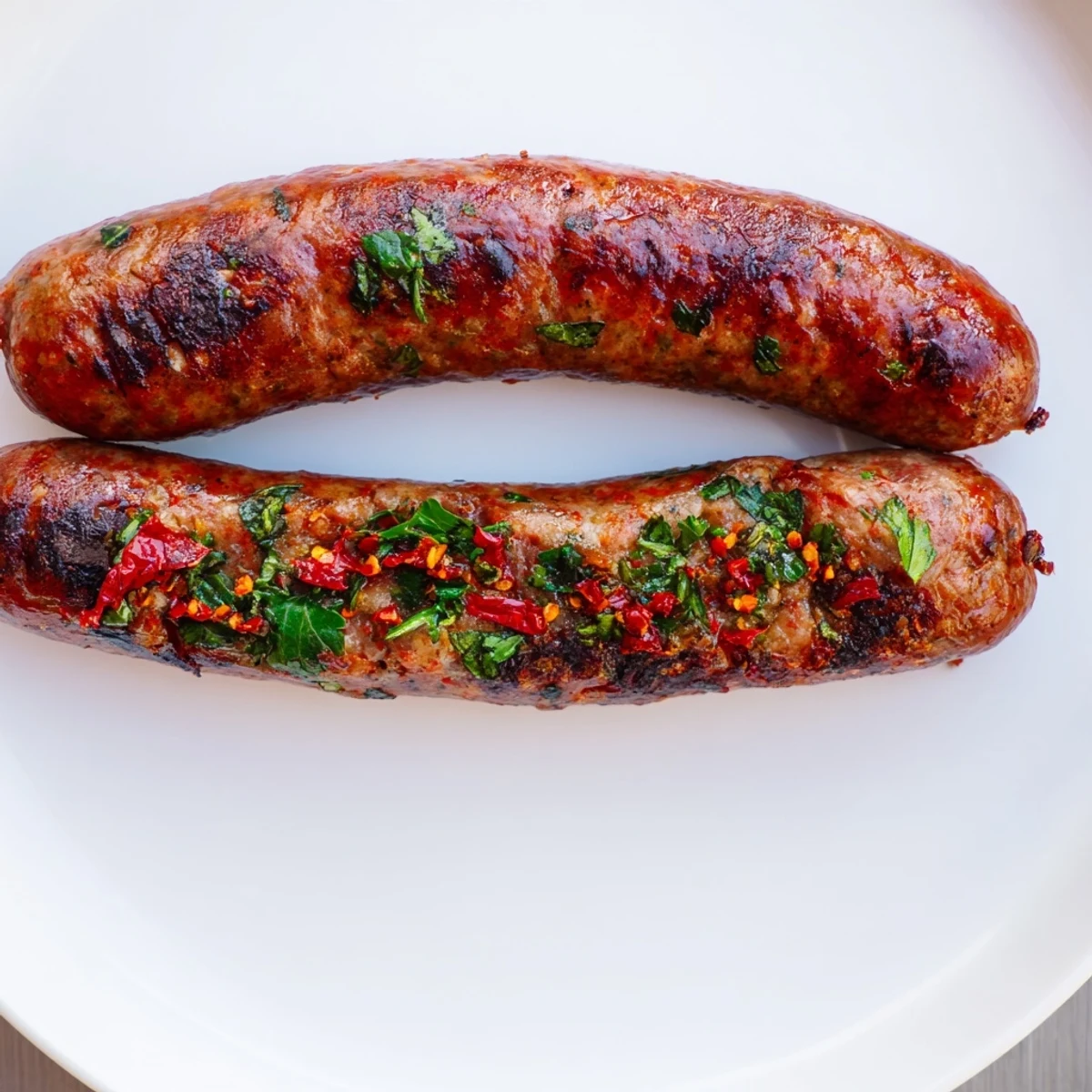 Close-up of grilled Tunisian Merguez sausage, showing the spicy, aromatic blend of herbs.