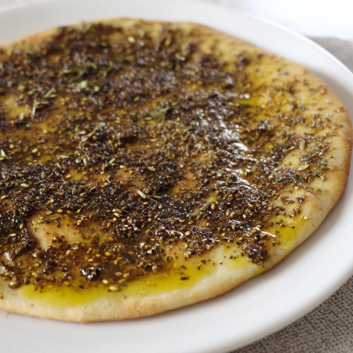 Golden Levantine Zaatar Bread, sprinkled with sesame seeds, offers a taste of Middle Eastern flavors.