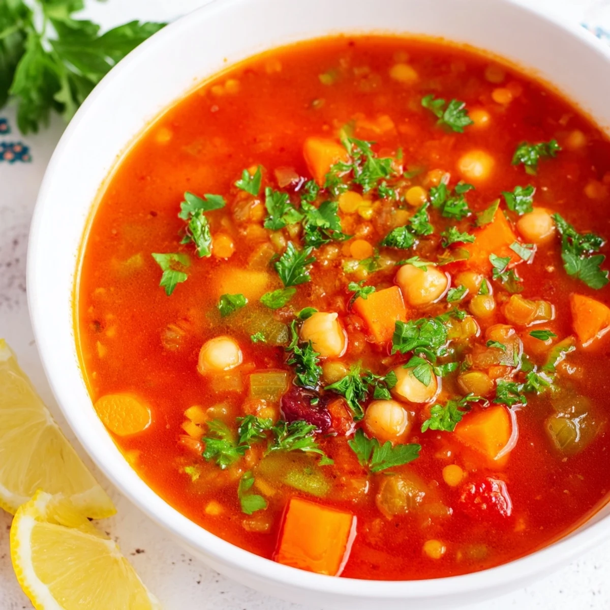 A steaming bowl of North African Harira Soup with vibrant colors and fresh herbs.