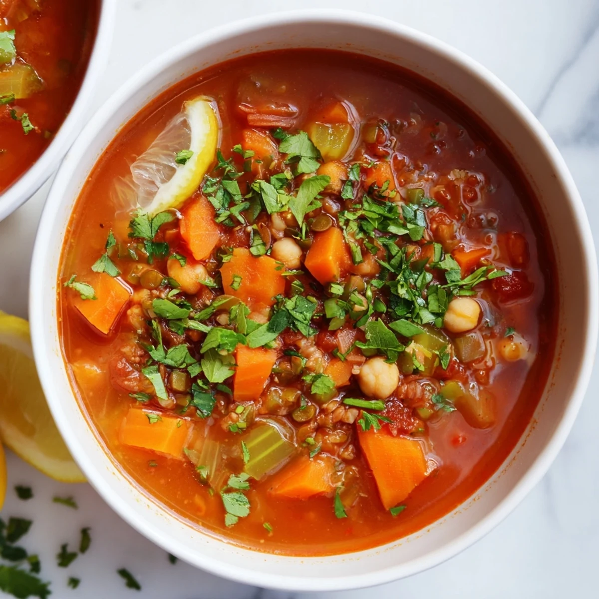 This comforting North African Harira Soup features tender lentils and chickpeas with warming spices.