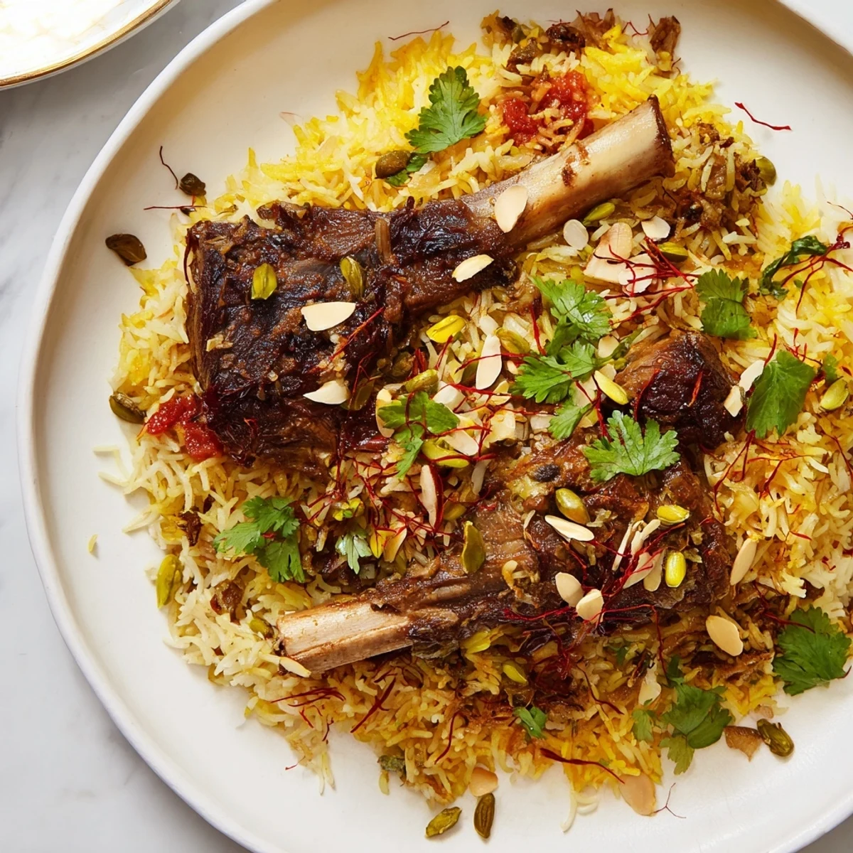 A close-up of steaming Qatari Majboos, featuring flavorful lamb and aromatic basmati rice.