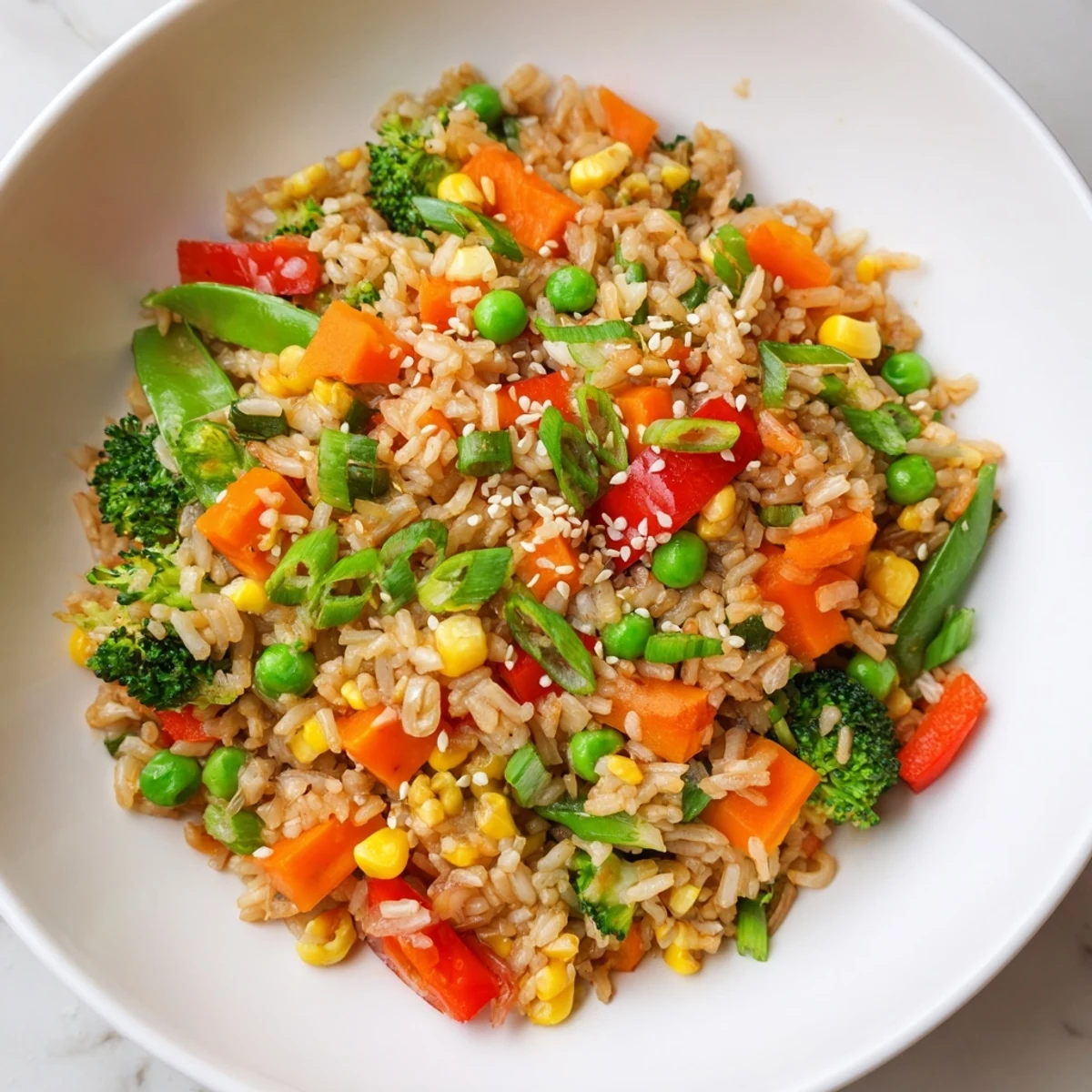 Steaming vegetable fried rice just plated, the perfect vegetarian Asian dinner.