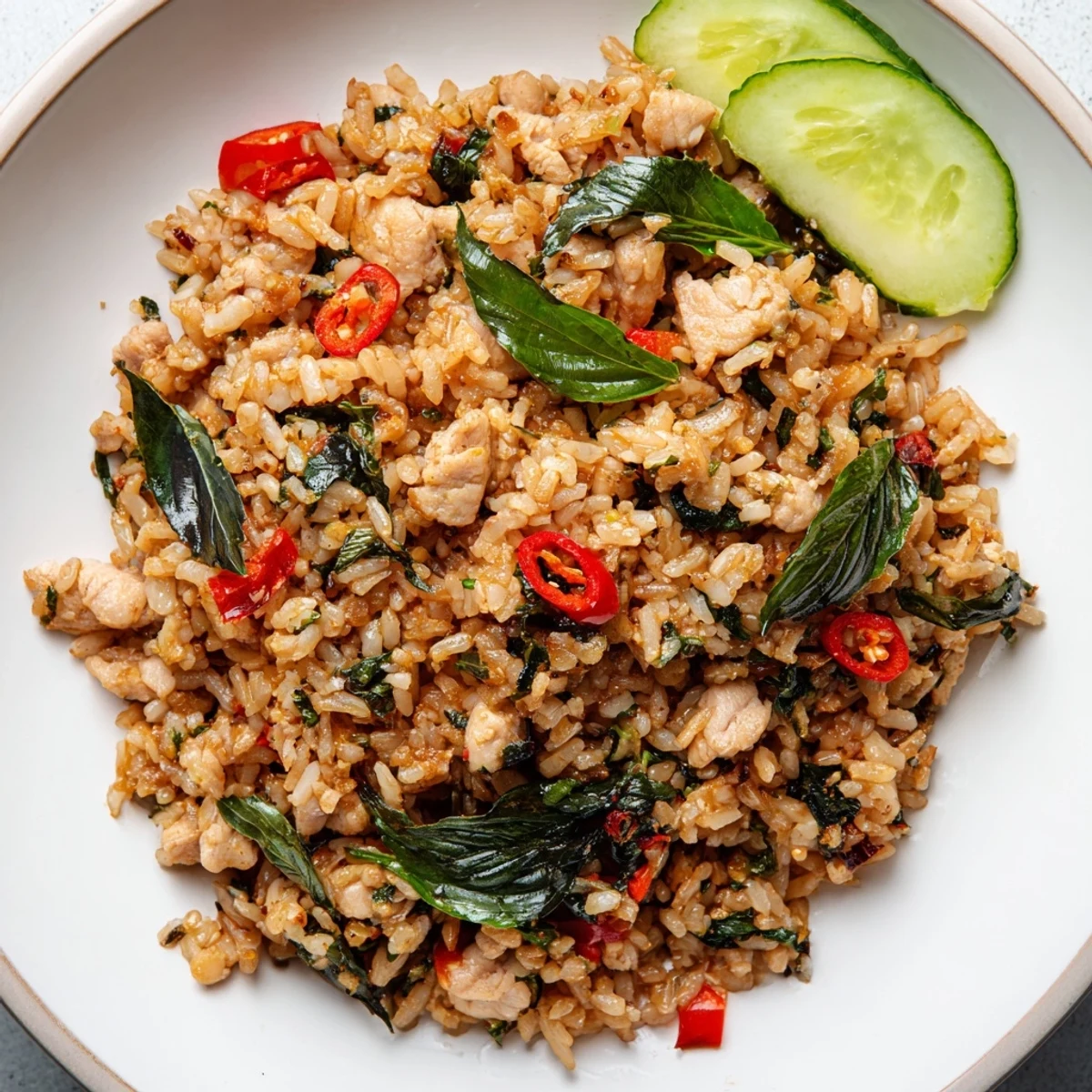 Spicy Thai basil chicken fried rice, a quick and delicious meal, topped with fresh lime wedges.