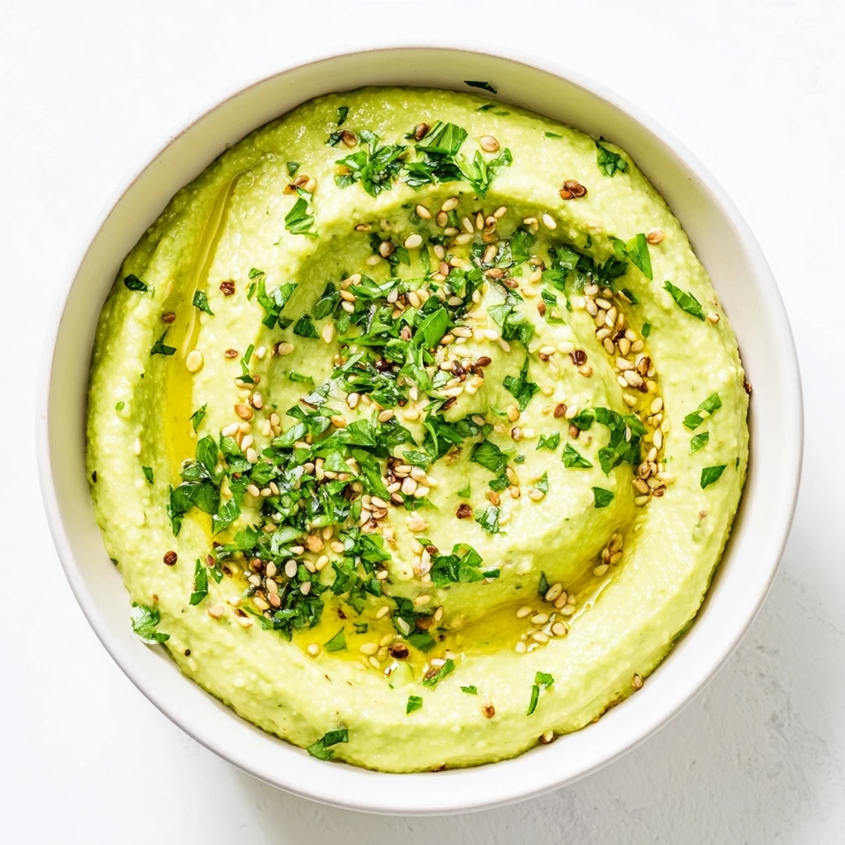 Creamy edamame hummus swirled with olive oil, ready to be scooped up with pita chips for a snack.