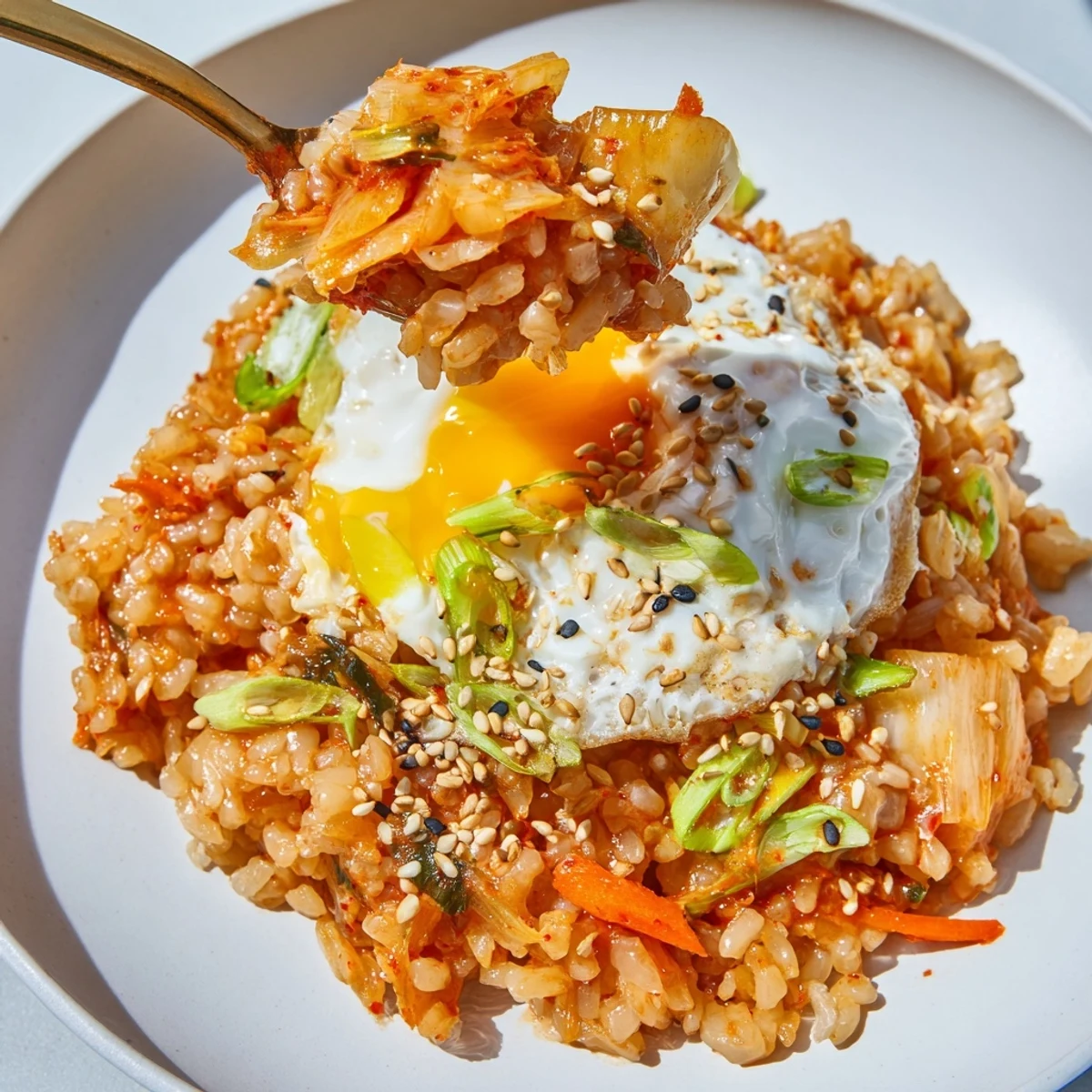 Steaming bowl of kimchi fried rice with sesame seeds, showcasing the dish's spicy Korean flavors.