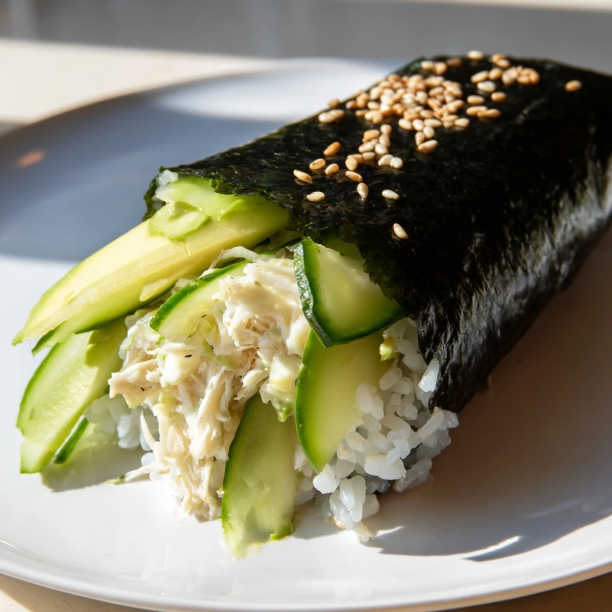 Freshly made Sushi Rice Hand Rolls, filled with avocado, crab, and cucumber, ready to serve and enjoy.