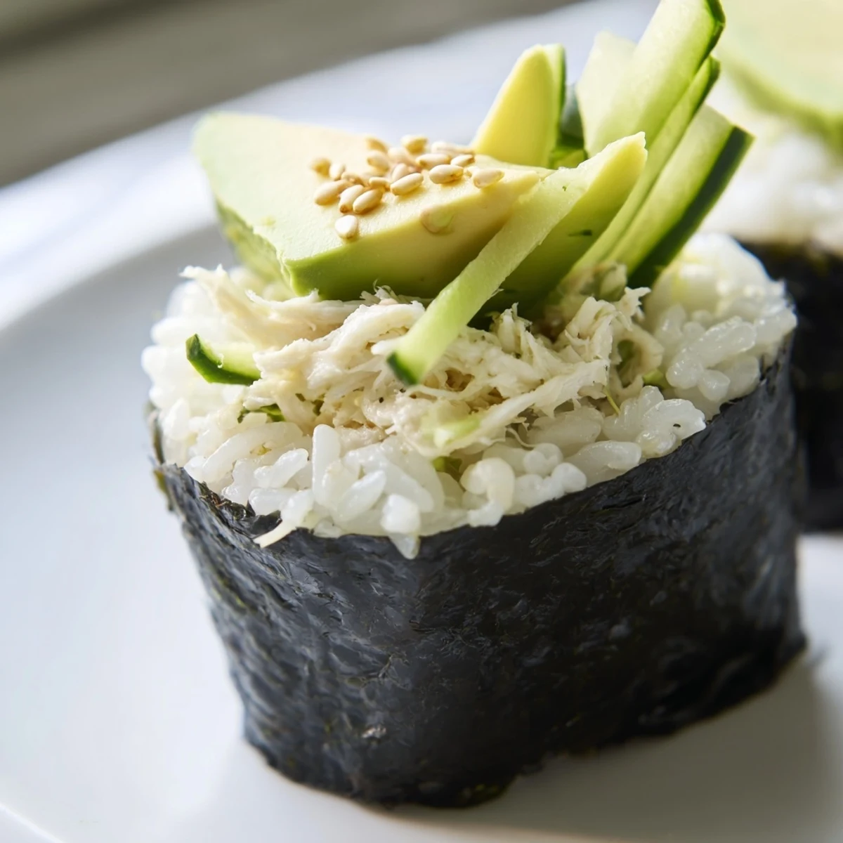 Close-up of delicious Sushi Rice Hand Rolls with visible layers of rice, nori, and colorful fillings.