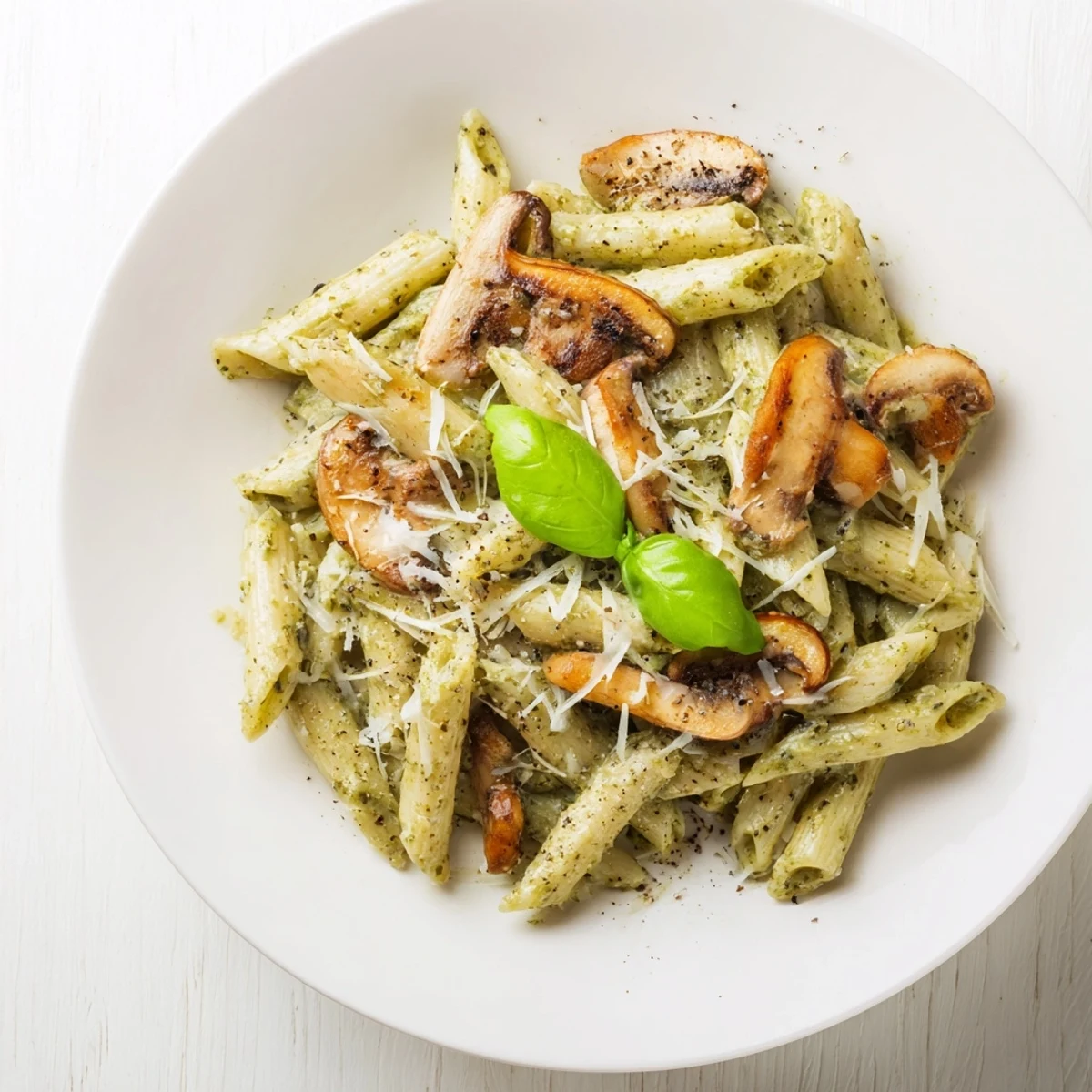 Mushroom Pesto Pasta, a creamy Italian dish with golden mushrooms and fresh basil.