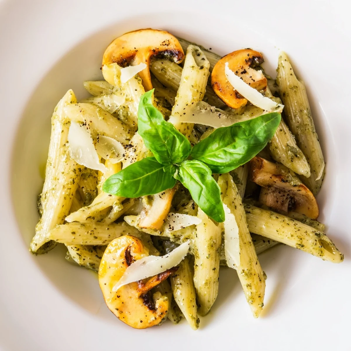 Tender penne pasta coated in rich Mushroom Pesto Pasta sauce, a comforting vegetarian meal.