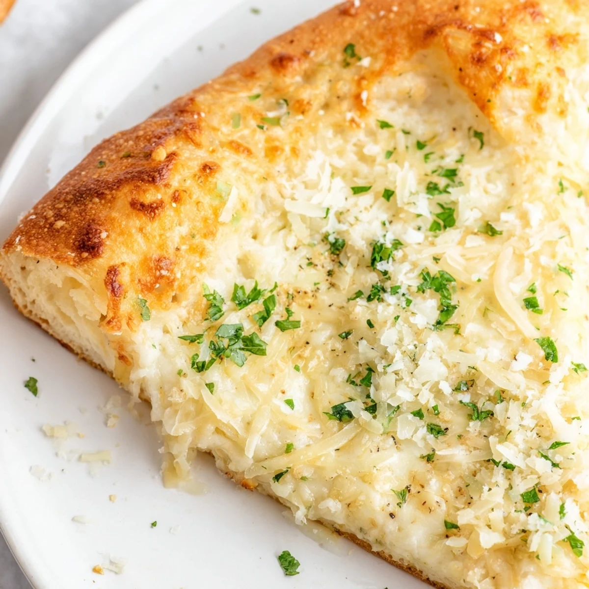 A picture of Creamy Garlic White Pizza with bubbling mozzarella and a golden crust.
