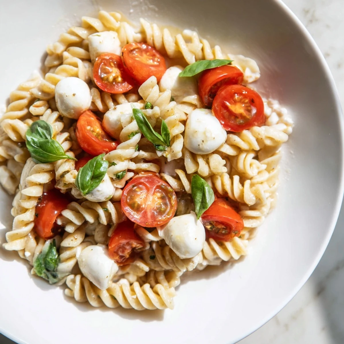 Délicieuse salade Caprese au fromage mozzarella et tomates fraîches sur un bol en bois.