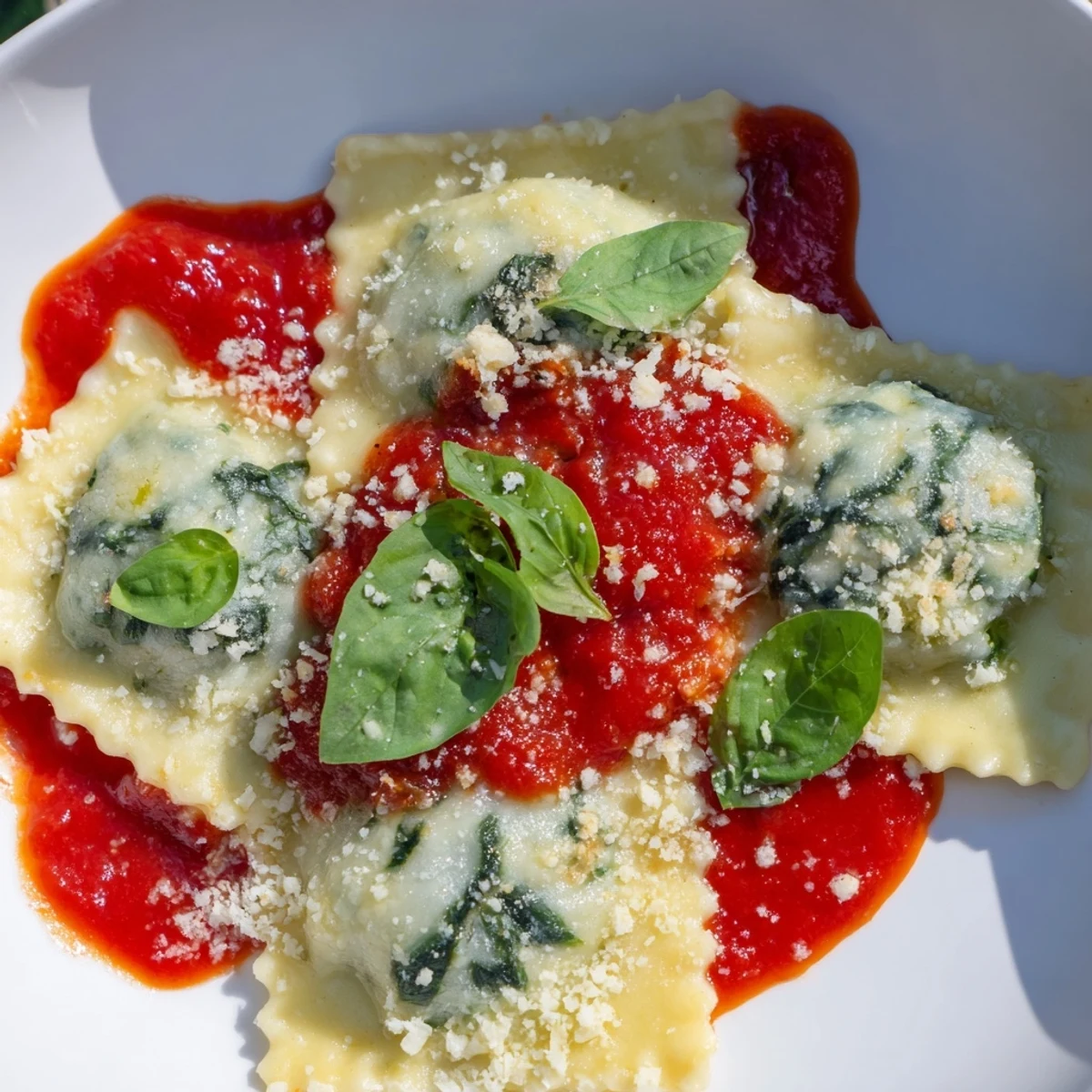 Close-up photo of homemade spinach ricotta ravioli, perfectly plated with a rich tomato sauce and cheese.