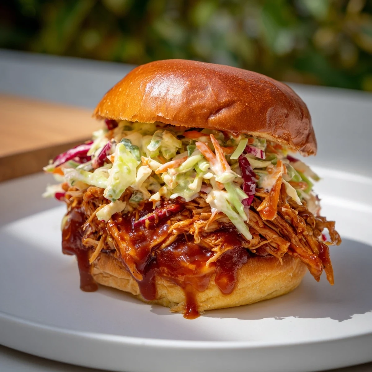 Perfectly plated pulled chicken sandwich with a crunchy slaw, a classic American comfort food meal.