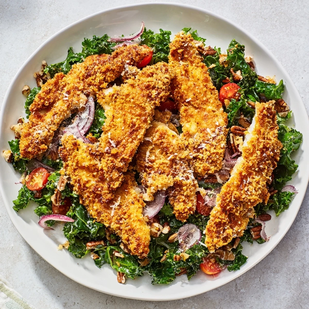 Image of a freshly made crispy chicken kale salad, showcasing tender chicken and vibrant kale.