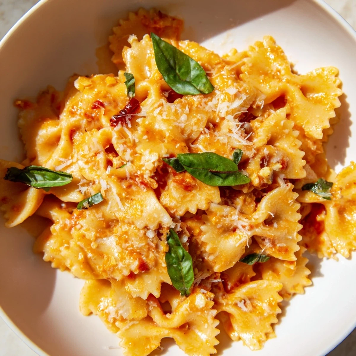 Creamy Tomato Basil Bowtie Pasta: a bowl of pasta with fresh basil and Parmesan cheese.