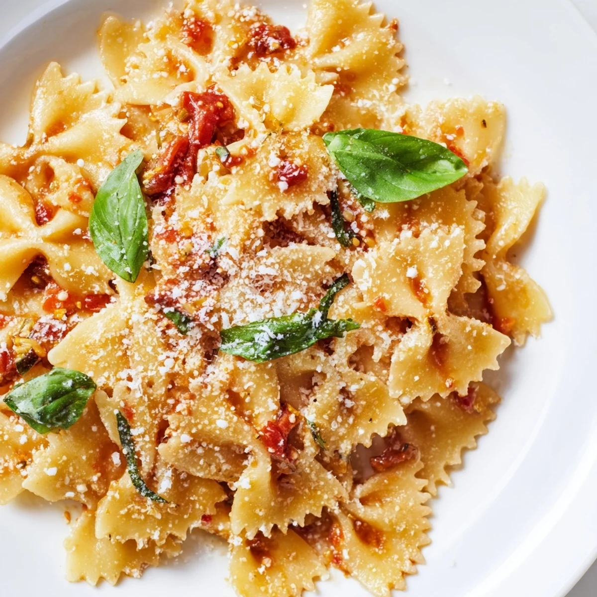 Delicious, vegetarian Tomato Basil Bowtie Pasta with a rich creamy tomato sauce visible up close.