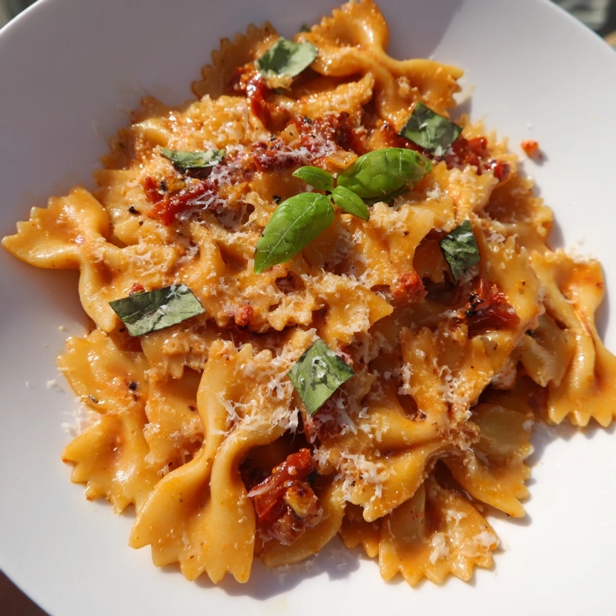 Italian Tomato Basil Bowtie Pasta ready to eat, served with a sprinkle of fresh parmesan.