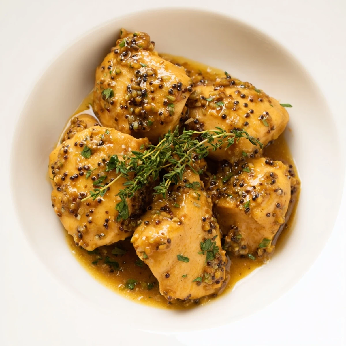 Close-up shot shows succulent Honey Dijon Chicken Skillet with a rich, glossy mustard and honey sauce.