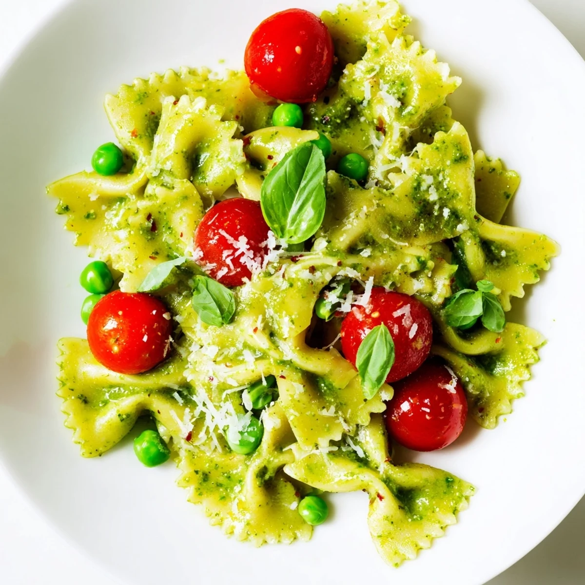 Delicious Green Pesto Pasta Salad, ready to serve, a vegetarian Italian dish.