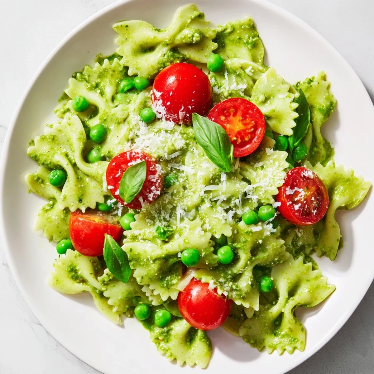 A close-up of Green Pesto Pasta Salad, showing fresh peas and al dente pasta.