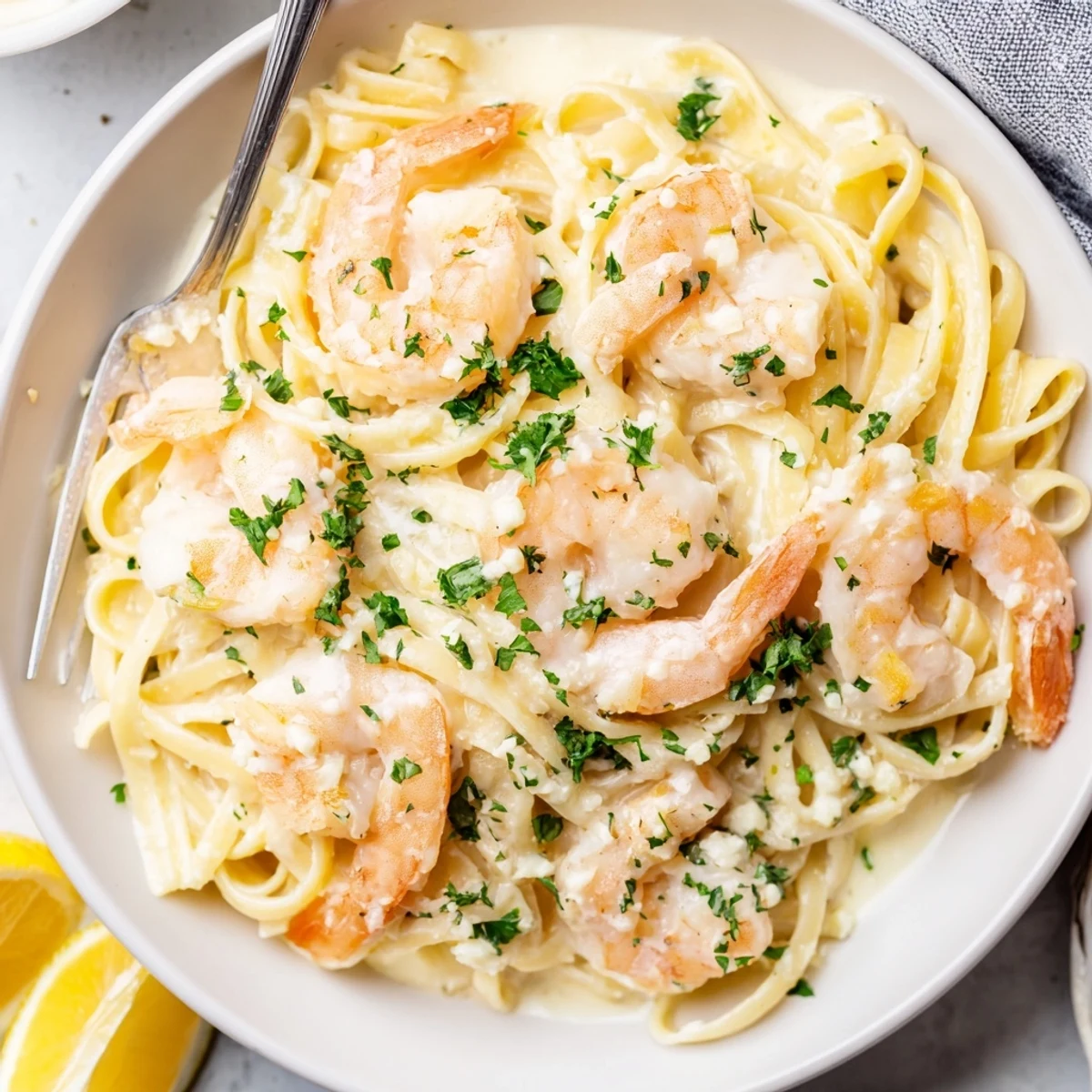 Golden, creamy garlic shrimp pasta, a comforting Italian-American dinner, ready in minutes.