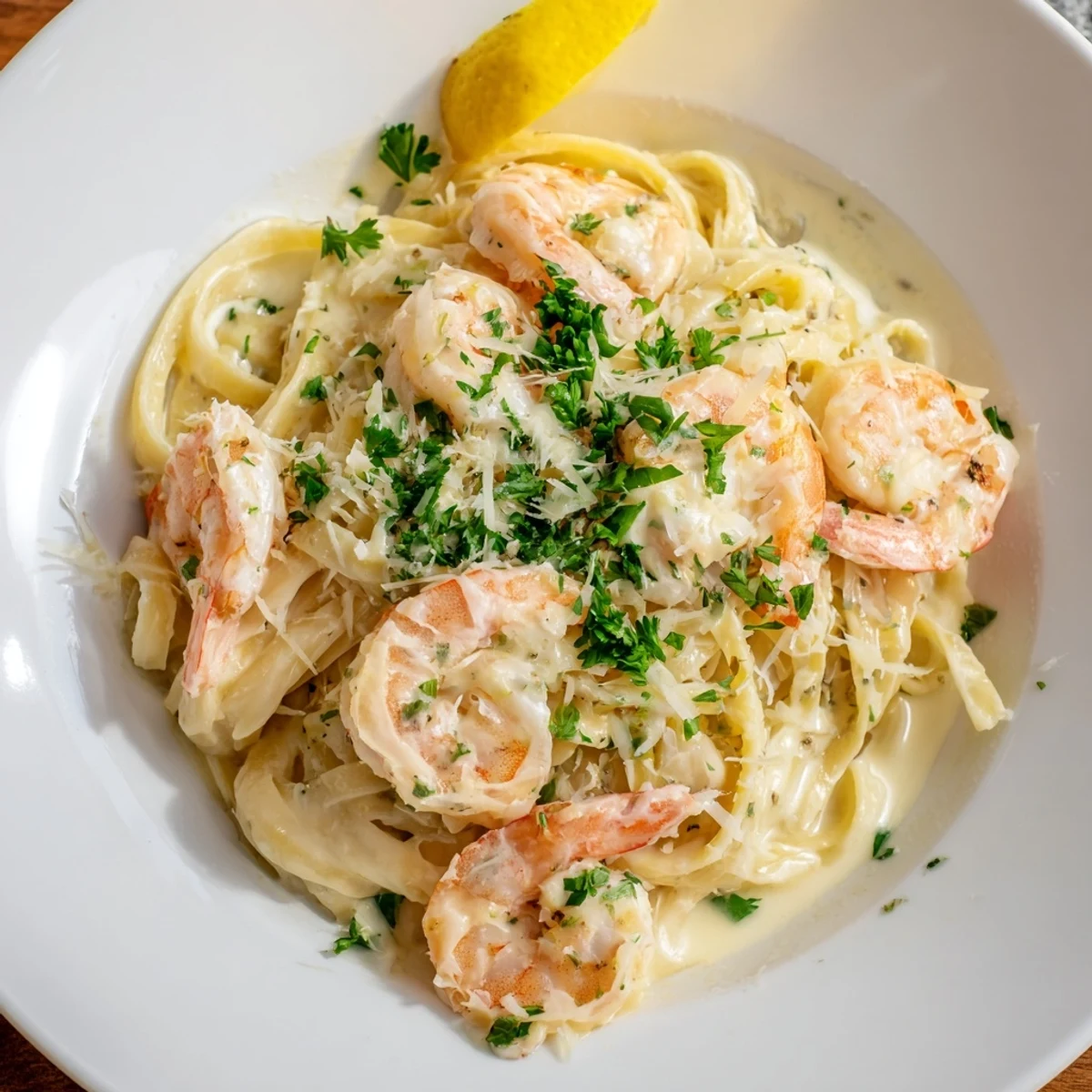 A close-up of creamy garlic shrimp pasta, glistening with rich cream sauce and parsley.