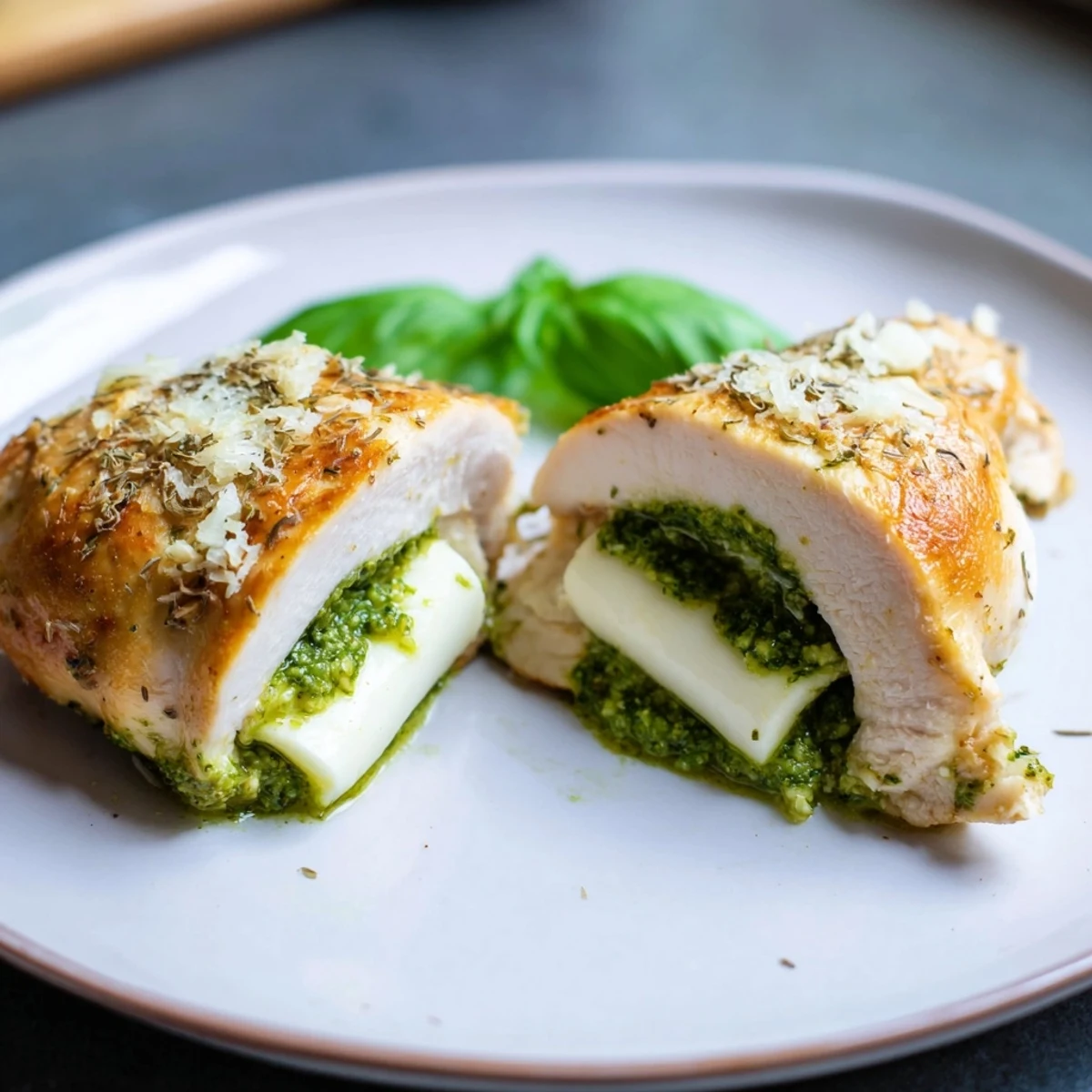 Mozzarella & Pesto Stuffed Chicken: A golden-brown, baked chicken breast stuffed with melted mozzarella and vibrant pesto.