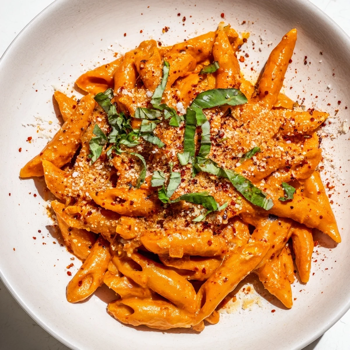 Enticing photo of creamy roasted red pepper pasta, finished with fresh basil and Parmesan.