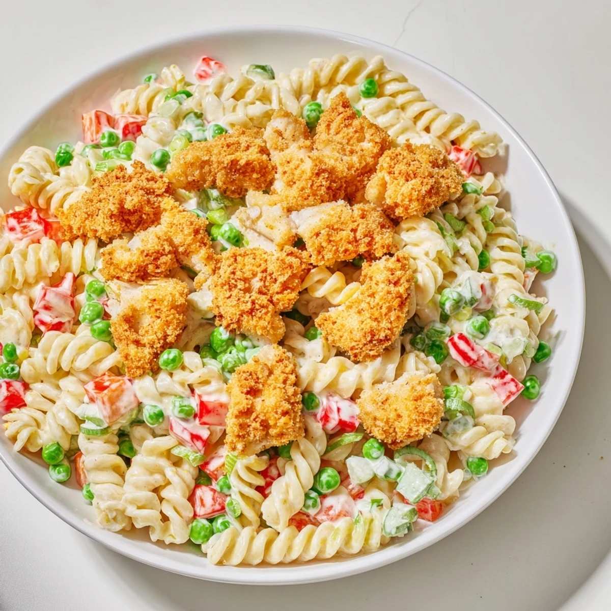 Golden-brown crispy chicken nestled in creamy ranch dressing over the pasta in Chicken Ranch Pasta Salad.