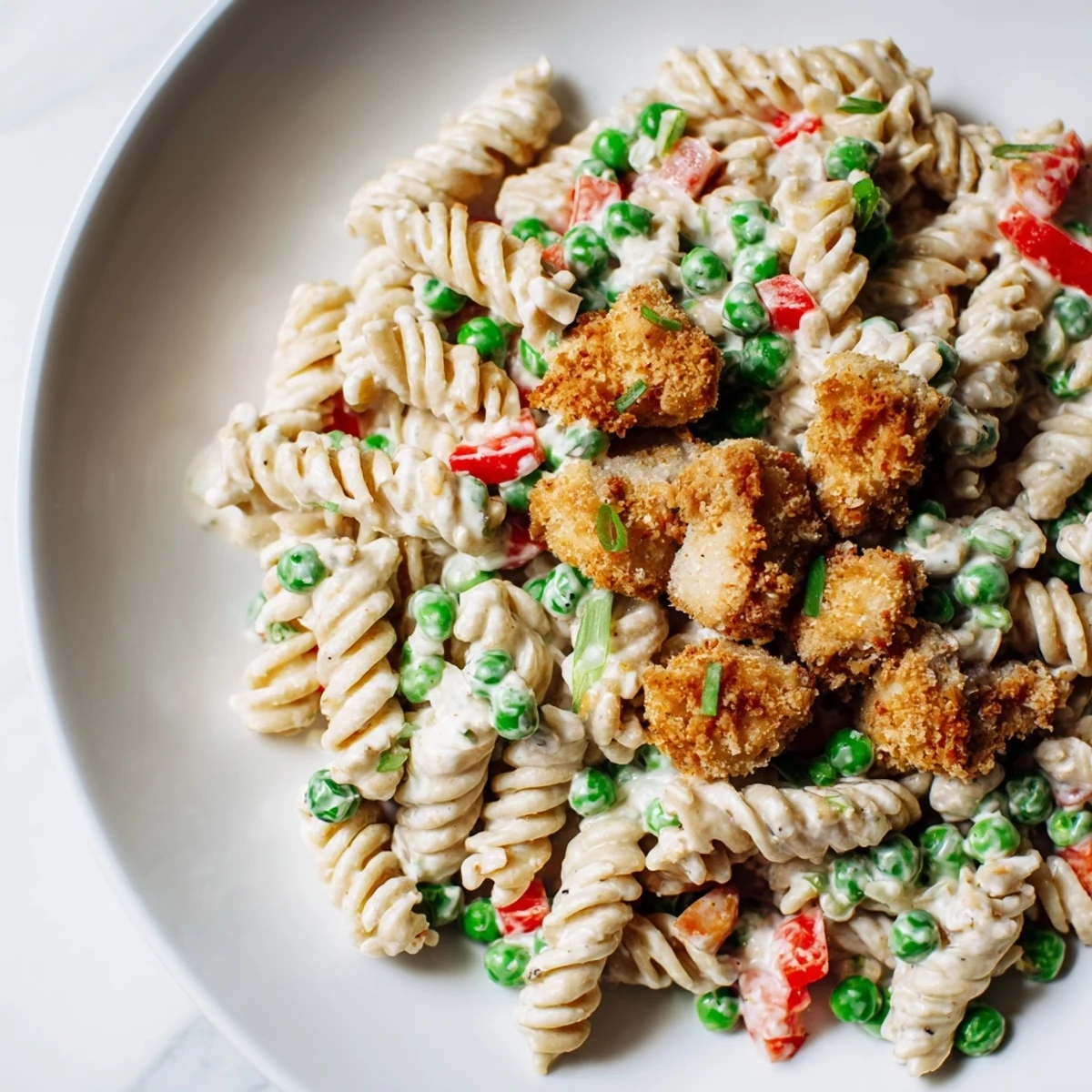 This tasty Chicken Ranch Pasta Salad showcases perfectly fried chicken bites in a flavorful pasta.