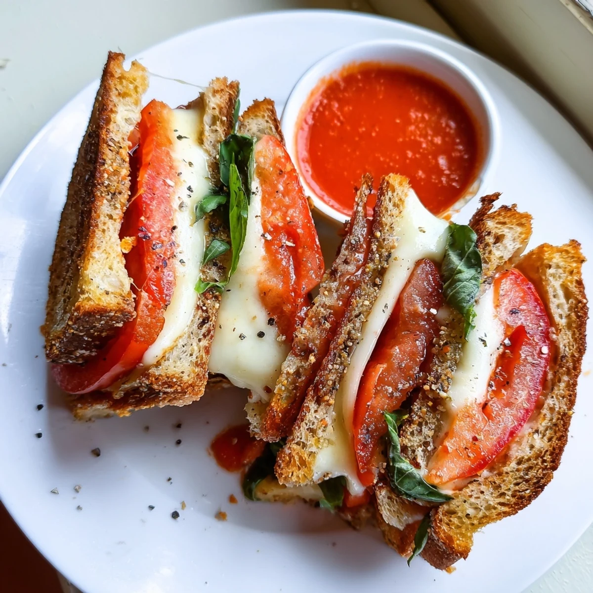 Warm, melty Caprese Grilled Cheese Dippers with fresh mozzarella, ready to dip in marinara sauce.