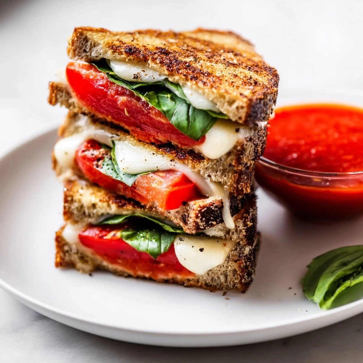 Golden-brown Caprese Grilled Cheese Dippers featuring juicy tomato slices and fresh basil, a delicious Italian appetizer.