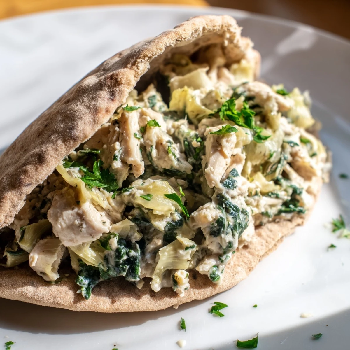 Warm, cheesy spinach artichoke chicken stuffed pita pockets, a delicious Mediterranean-American meal.