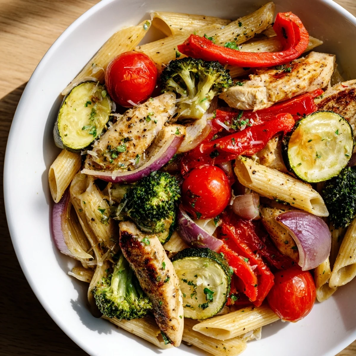 Garlic Herb Chicken & Veg Pasta: A close-up of steaming pasta with roasted chicken, fresh herbs, and colorful vegetables.