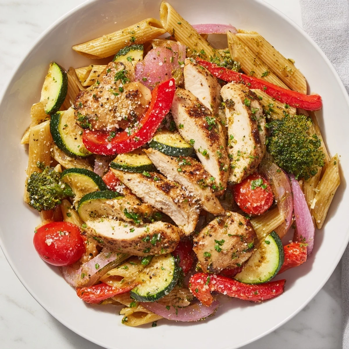 Bright, flavorful Garlic Herb Chicken & Veg Pasta, ready to eat, with a sprinkle of fresh parsley and Parmesan.