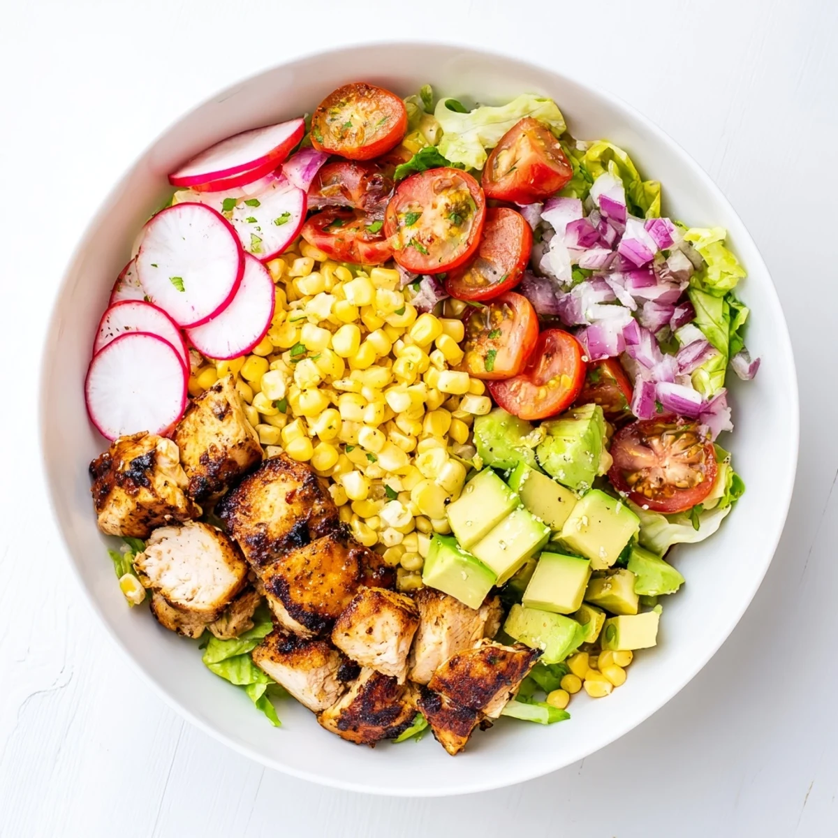 Freshly assembled Roasted Corn & Chicken Chopped Salad, a colorful salad with bright lime dressing and avocado.