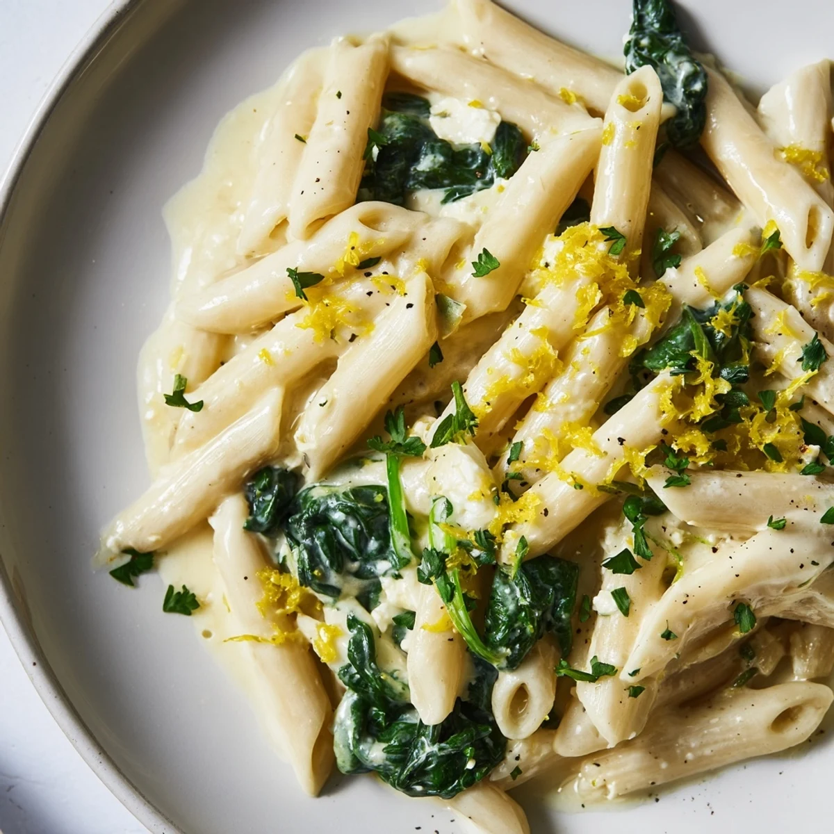 Creamy Feta Spinach Pasta: a close-up of pasta tossed with spinach and creamy feta cheese.