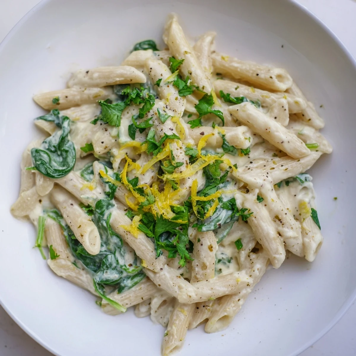 Golden, steaming Creamy Feta Spinach Pasta with lemon zest and herbs, ready to be enjoyed.