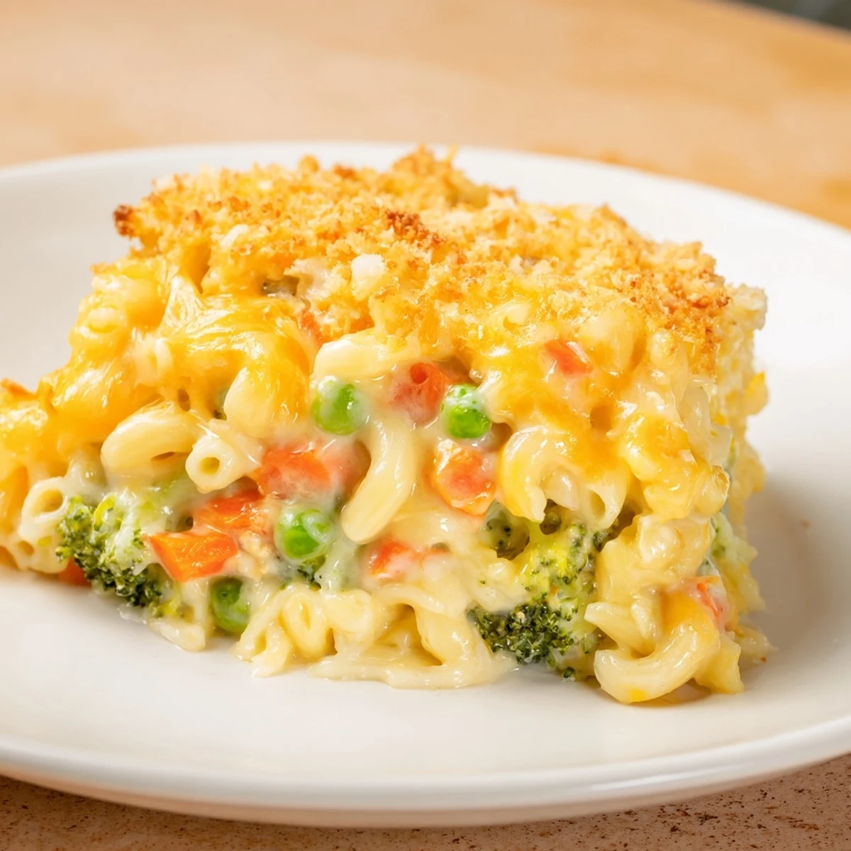 Creamy homemade Garden Veg Mac and Cheese, bubbling and golden brown, ready for serving.