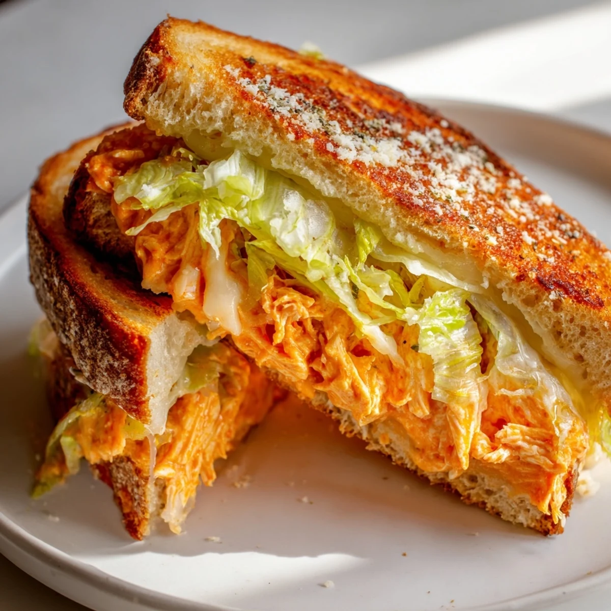 Delicious Buffalo Chicken Caesar Grilled Cheese, with melted cheese oozing from golden-brown toasted bread.