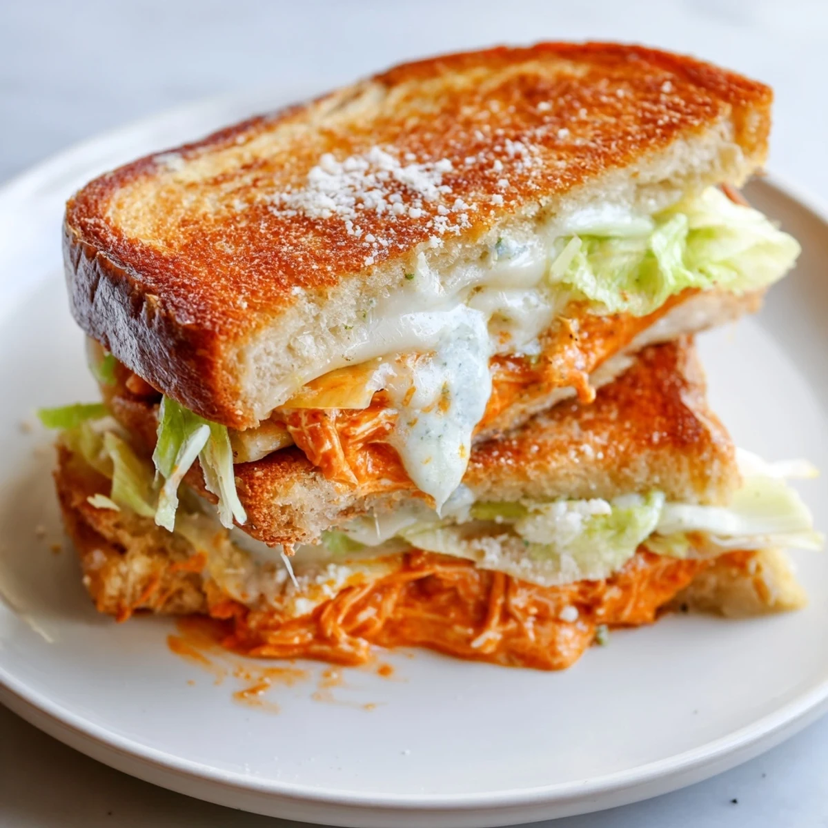 A close-up of a Buffalo Chicken Caesar Grilled Cheese oozing with melted cheese and crispy bread.