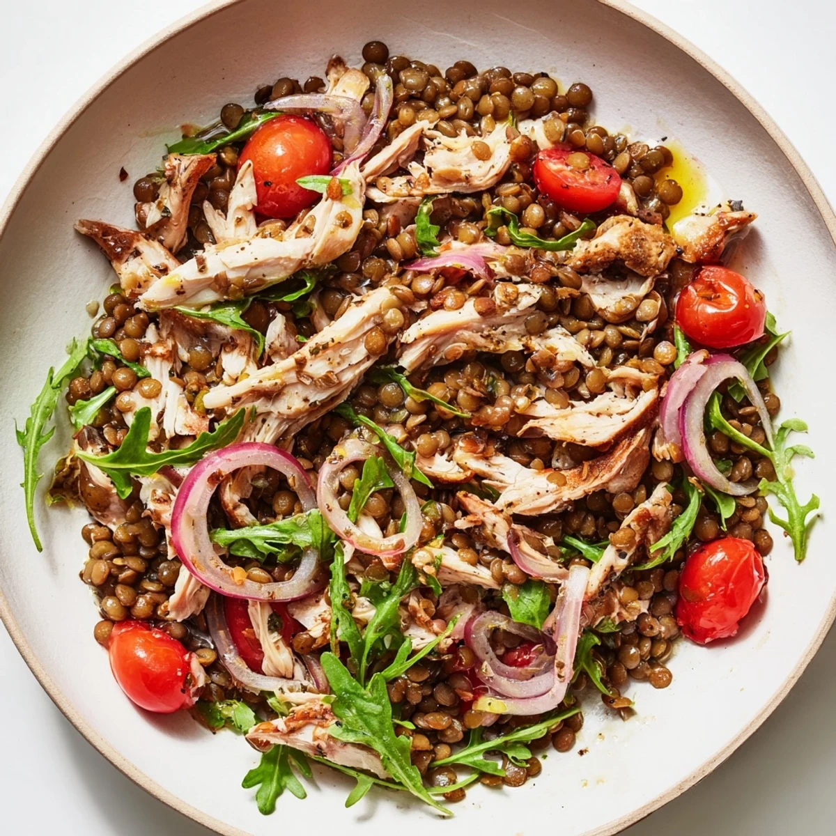 A refreshing close up of Lentil & Chicken Spring Salad, perfect for a light, delicious, healthy lunch.