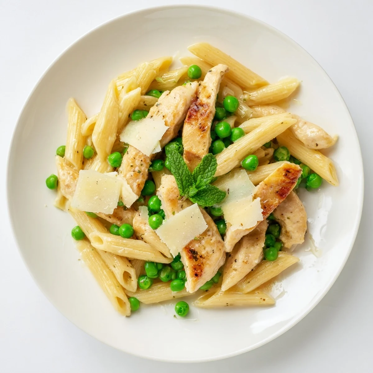 Poulet, pâtes, pois, menthe