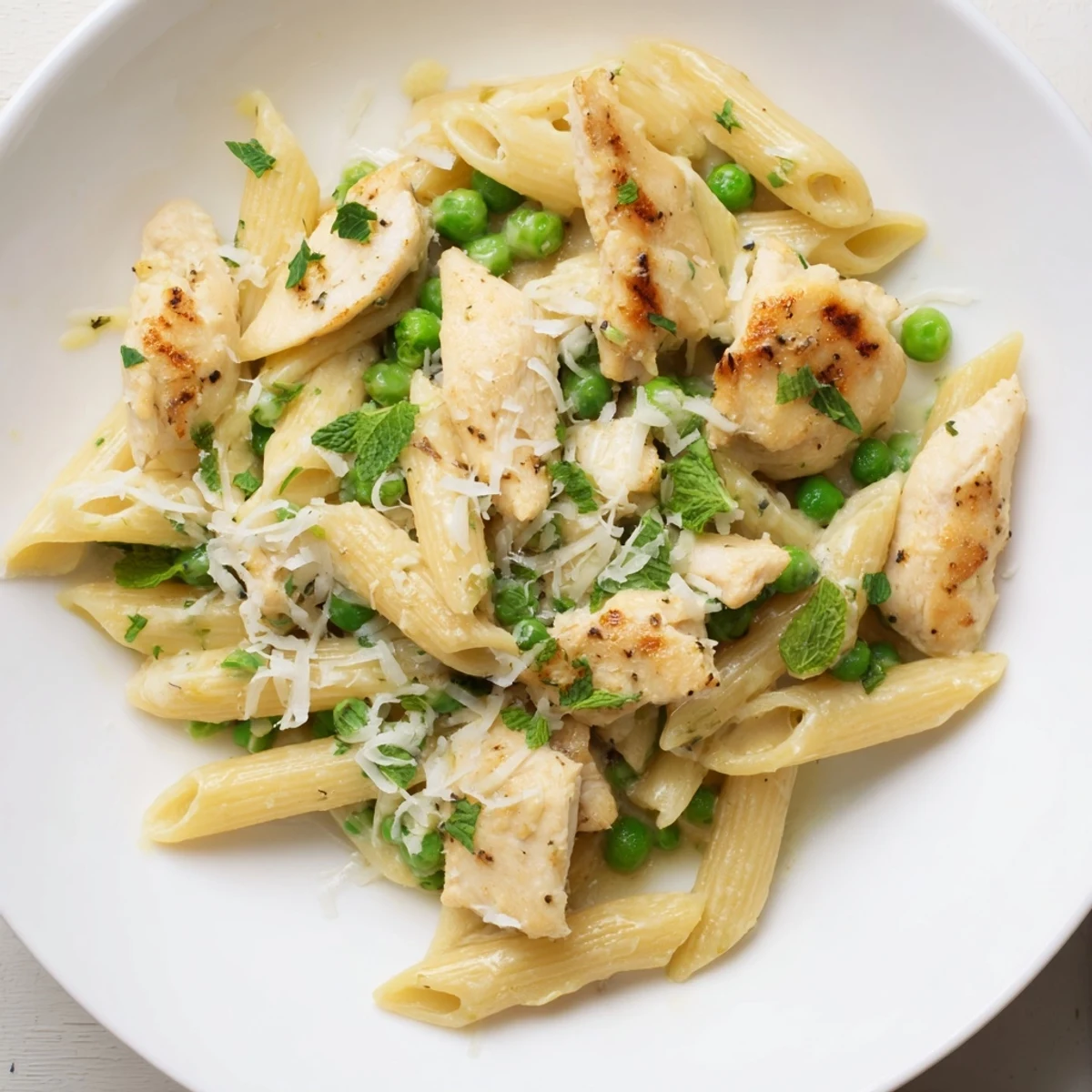 Creamy Pea & Mint Chicken Pasta, a delicious bowl of pasta ready to be enjoyed.