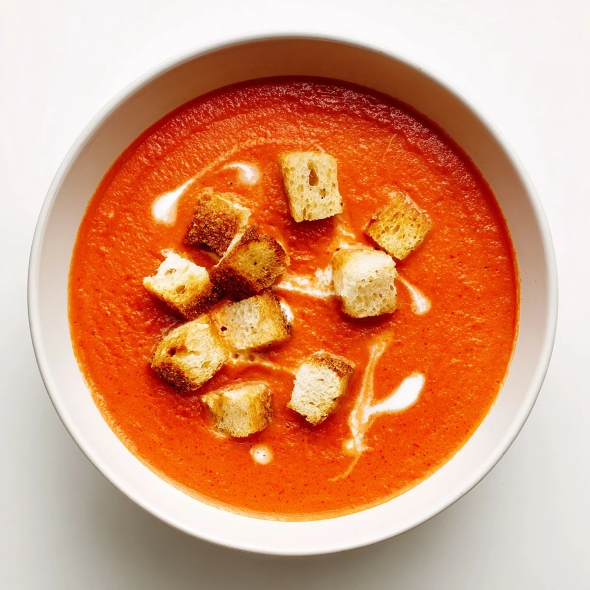 Bol fumant de soupe aux poivrons rouges rôtis, garni de croûtons dorés et croustillants.